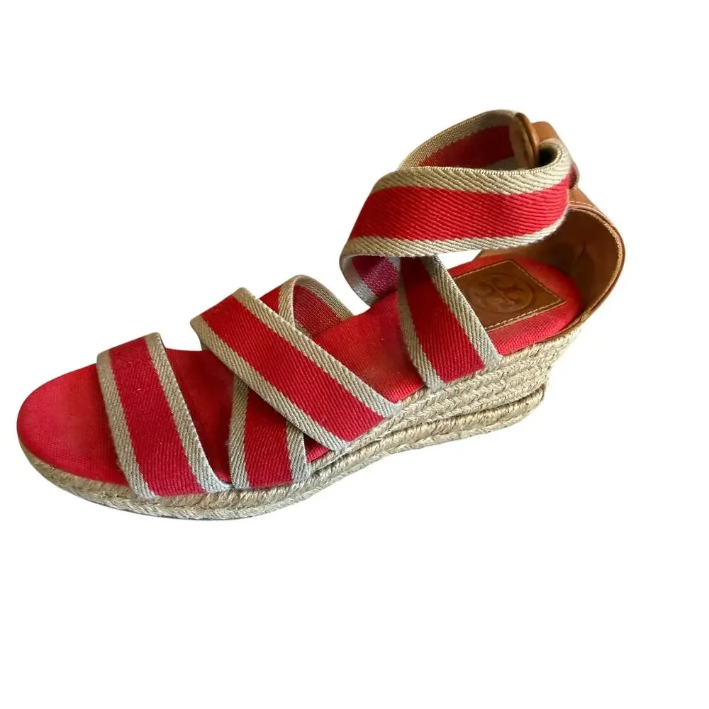 Tory Burch Canvas Wedge Espadrille Sandals Red Tan 7